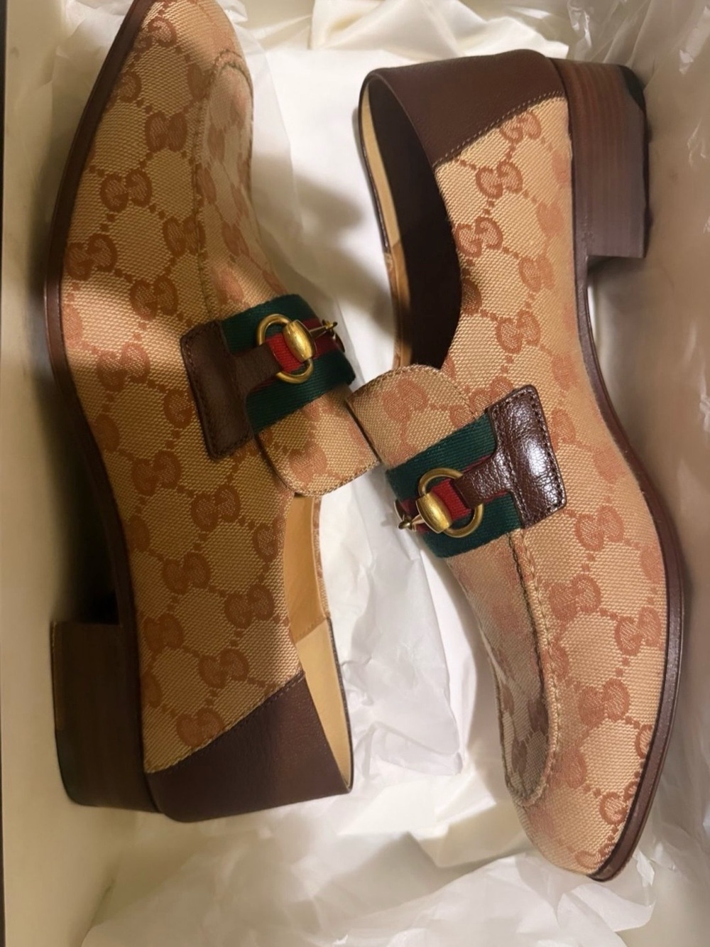 Gucci Beige GG Canvas Horsebit Loafers with Brown Leather Trim